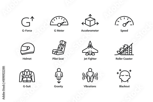 Aviation and science icons: g-force, g meter, accelerometer, speed, jet fighter