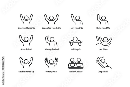 Roller coaster stick figure icons displaying excitement and thrill gestures