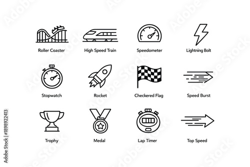 Vector icons: roller coaster, train, stopwatch, rocket, trophy