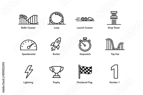 Amusement park ride icons: roller coaster, rocket, trophy, stopwatch, lightning