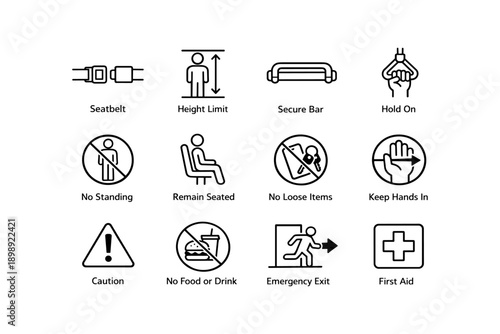 Safety icons for seatbelt, height limit, and emergency guidelines
