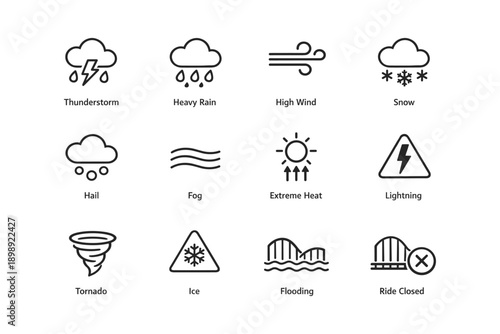 Weather warning icons: thunderstorm, snow, tornado, flooding, extreme heat