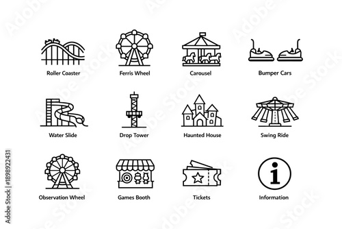 Amusement park attractions icon set featuring rides and activities