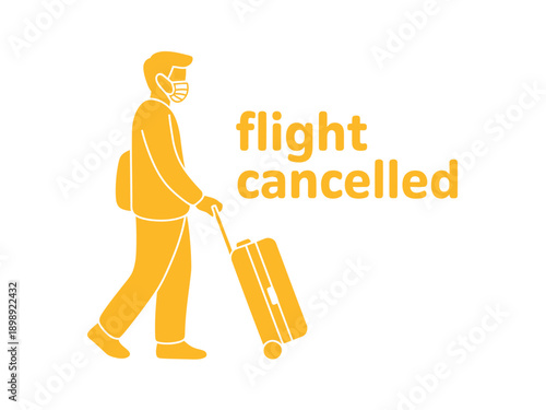 A frustrated traveler walks with luggage beside a flight cancellation notice