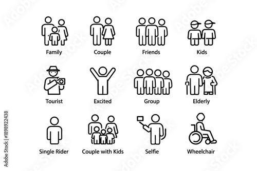 Collection of line art icons representing family, couples, kids, elderly, and more