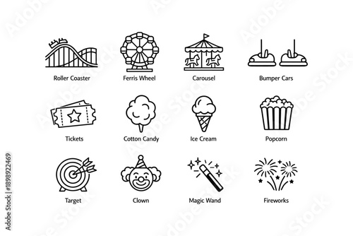 Amusement park attractions: roller coaster, ferris wheel, carousel, and more icons