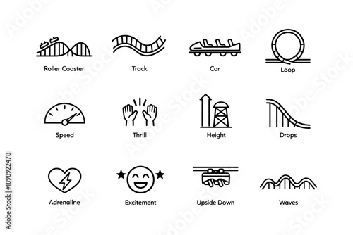 Amusement park ride icon set featuring roller coasters and thrill elements
