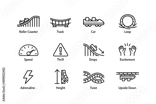 Roller coaster icons: speed, thrill, adrenaline, excitement, loop