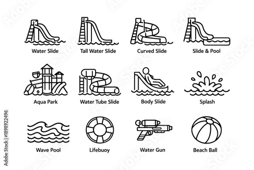 Water slide icons collection: aquatic fun parks and play equipment graphics