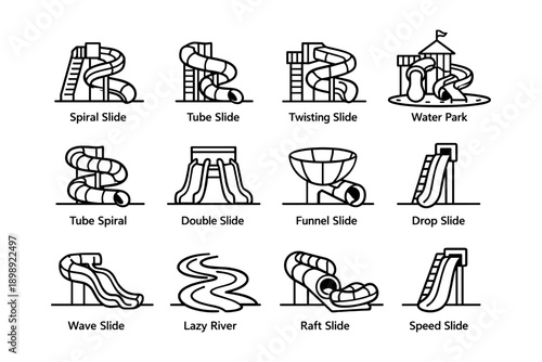 Water park slide icons: spiral, tube, funnel, lazy river, drop