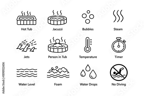 Hot tub icons set: bubbles, temperature, safety symbols, jets, water level