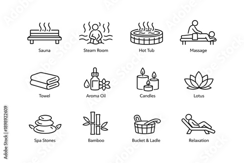 Spa icons: sauna, steam room, hot tub, massage, and relaxation symbols