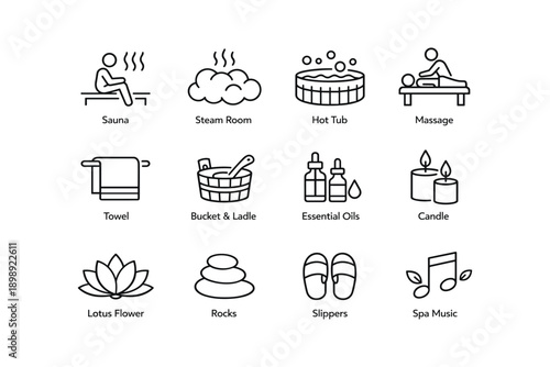 Spa icons collection: sauna, steam room, hot tub, massage, essential oils
