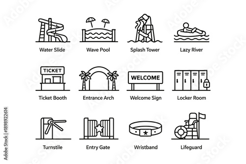 Amusement park icons: water slide, wave pool, ticket booth, lifeguard, entrance arch