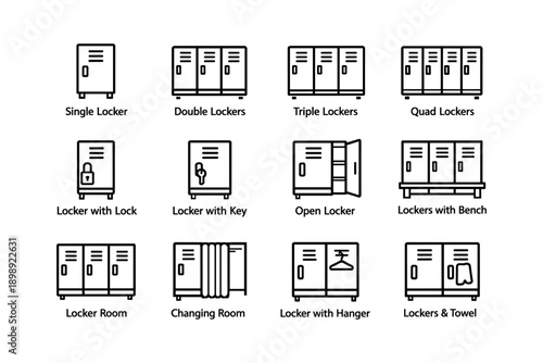 Locker variations: single, double, triple, quad, open, bench, lock, key, hanger