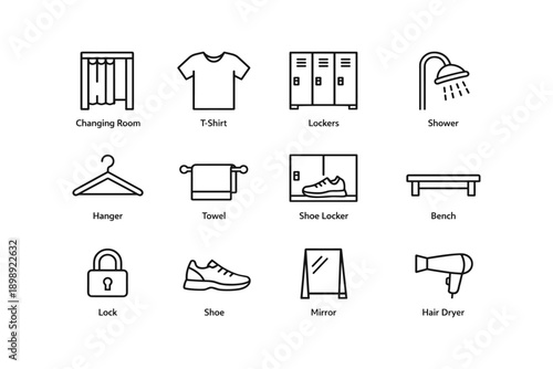 Gym essentials icons: changing room, t-shirt, lockers, shower, hanger, towel, shoe locker, bench