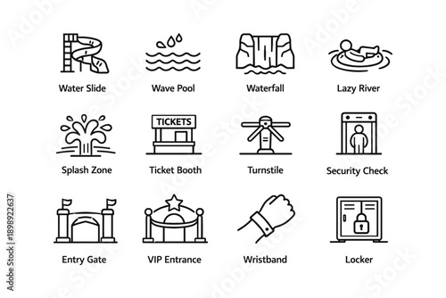 Water park icons set featuring water slide, wave pool, lazy river, ticket booth, wristband, locker