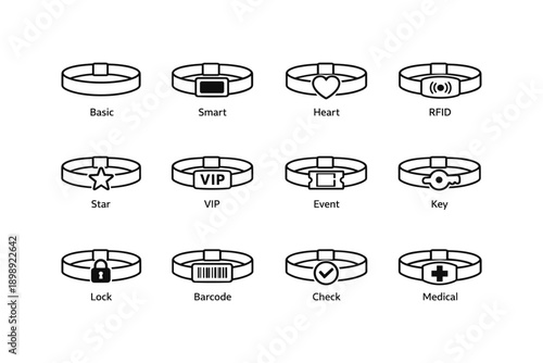 Illustrated wristband types: basic, smart, heart, rfid, star, vip, event, key, lock, barcode, check, medical