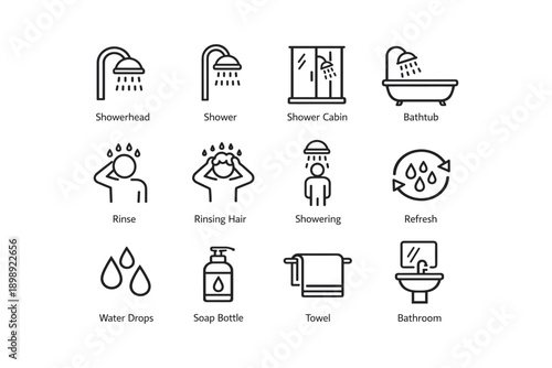 Bathroom icon set featuring showerhead, bathtub, rinsing hair, water drops, and towel