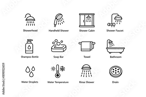 Bathroom icon set: showerhead, soap, towel, faucet, bathtub, temperature, drain