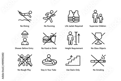 Pool safety signs: rules for diving, running, life jackets, and supervision