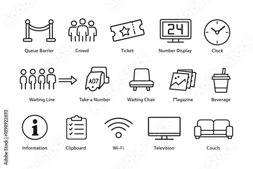 Queue icons: barrier, ticket, clock, wi-fi, couch, information, television