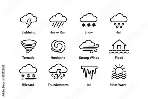 Weather icons set illustrating extreme conditions and natural phenomena