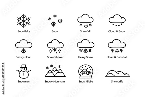 Winter weather icons: snowflake, snowman, cloud, snowfall, mountain, snow globe, snowdrift