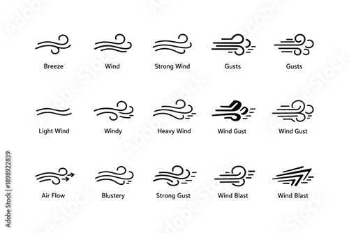 Various wind icons depicting breeze gusts air flow and blustery conditions