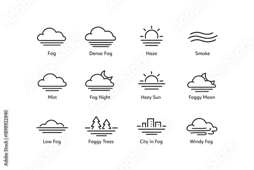 Weather icons: fog, haze, mist, sun, moon, trees, city, wind