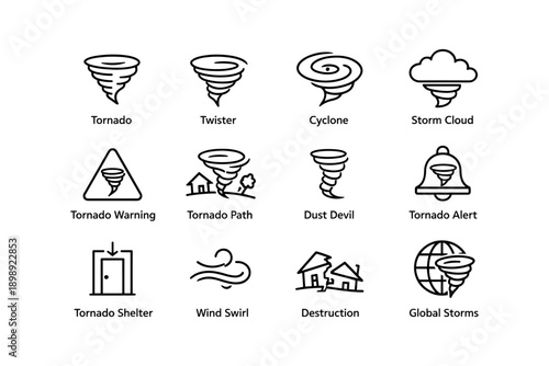 Tornado icons: twister, cyclone, storm cloud, warning symbols for weather safety