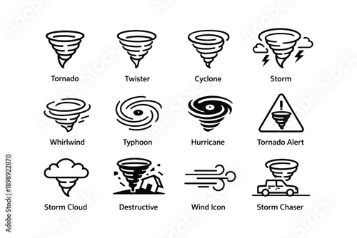 Tornado and cyclone icons set with symbols of storms and alerts