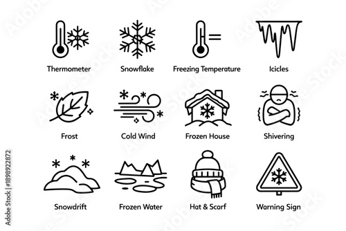 Winter weather icons: thermometer, snowflake, icicles, frost, and more