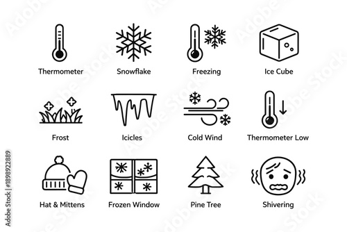 Winter icon set with thermometer, snowflake, ice, and cold wind symbols