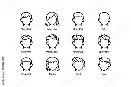 Various hairstyles for men - short, long, buzz cut, bald, and more illustrated