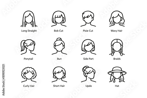 Different hairstyles: bob, pixie, wavy, ponytail, bun, braids, more