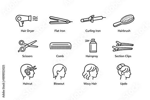 Hair styling tools and techniques icons: flat iron, curling iron, haircut, wavy hair, updo