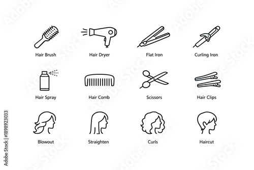 Hair styling tools icons: brush, dryer, flat iron, curler, spray, comb, scissors, clips