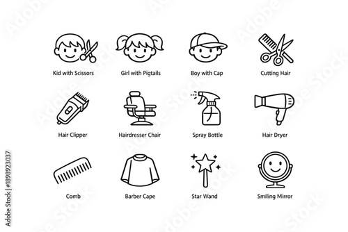 Children's hair salon icons: kids, haircuts, tools, and fun elements