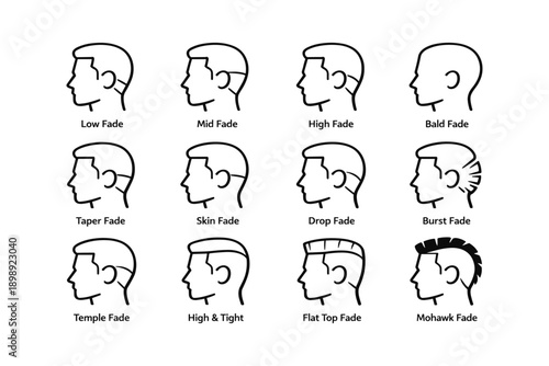 Male haircut style illustrations: low fade to mohawk variations