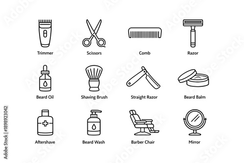 Barber tools icons: trimmer, scissors, comb, razor, beard oil, brush, balm