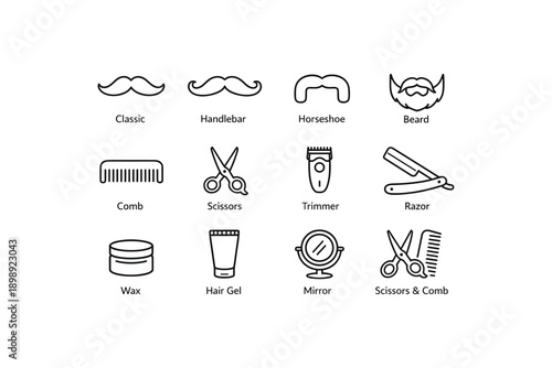 Men's grooming icons: moustache styles, tools, and hair care essentials