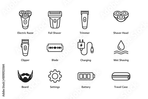 Electric shaving tools icons set featuring razor, trimmer, blade, charging, and travel case