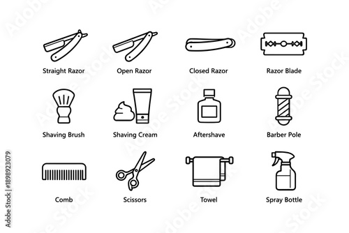 Barber tools icons: razors, shaving accessories, grooming essentials