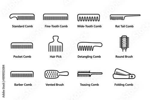 Various comb and brush types: standard, rat tail, hair pick, detangling, vented, folding