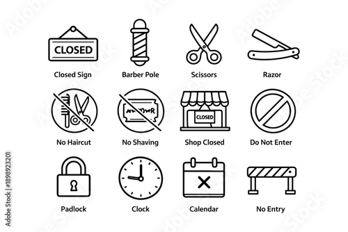 Barbershop icon set with closed sign, tools, no entry symbols