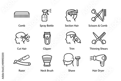 Barber tools icons: comb, clippers, scissors, razor, hair dryer