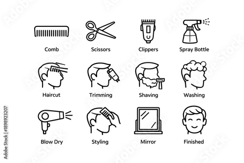 Barber tools and techniques icons: comb, scissors, clippers, spray bottle, haircut, trimming, shaving