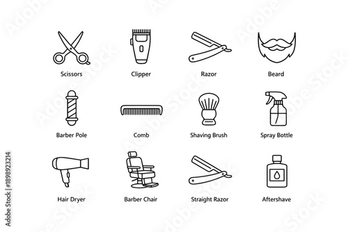 Set of black and white barber shop icons including scissors, razor, comb, and hair dryer