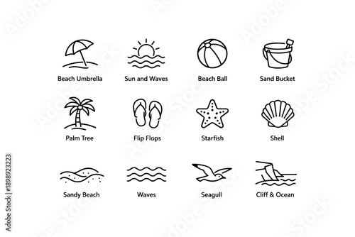 Beach icons: umbrella sun waves ball bucket tree flip-flops starfish shells bird cliff